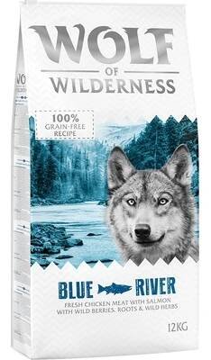 Wolf of Wilderness Blue River Adult, vysoká stravitelnost, 100% bezobilná receptura, vysoký podíl čerstvého masa, granule zobrazeny vedle obalu.