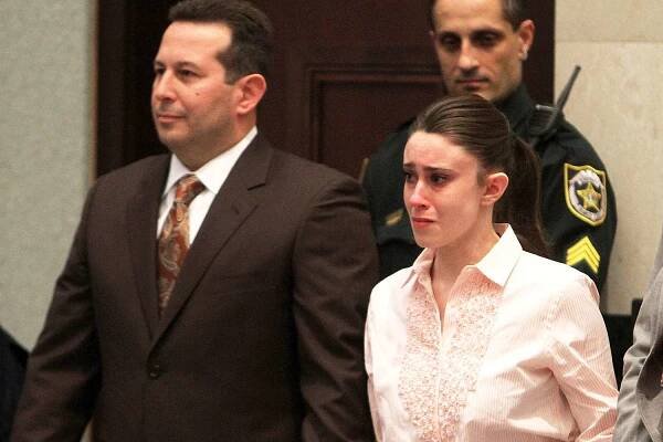Casey Anthony (R) reacts to being found not guilty on murder charges at the Orange County Courthouse on July 5, 2011 in Orlando, Florida. At left is her attorney Jose Baez. 