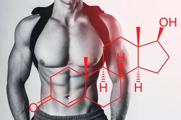 Svalnaté mužské trup a testosteron vzorec. Koncepce metod zvyšování hormonů. — Stock obrázek