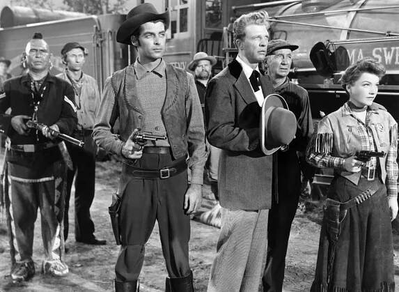 A TICKET TO TOMAHAWK, Rory Calhoun, Dan Dailey, Walter Brennan, Anne Baxter, Chief Yowlachie (back), Arthur Hunnicutt (back), 1950, (c) 20th Century Fox, TM & Copyright