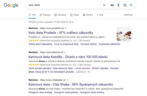 výsledky PPC v google vyhledávači