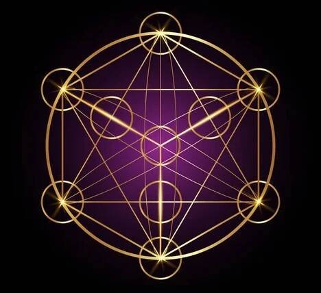 Metatronová kostka, Květ života. Posvátná geometrie, grafický prvek magický hexagram. Zlatý vektor izolován. Mystická ikona platonické pevné látky, abstraktní geometrická kresba, typické kruhy v obilí na černé purpurové — Ilustrace