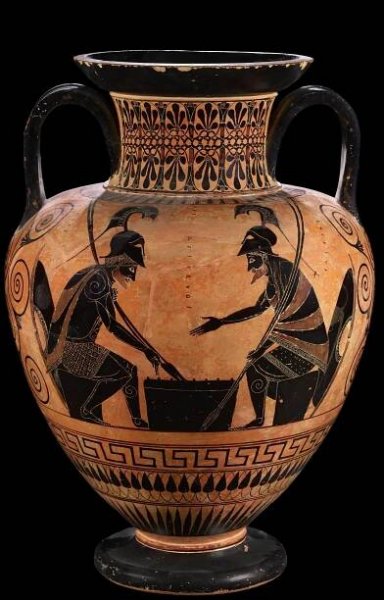 Amphora showing two men seated either side of game wearing helmets