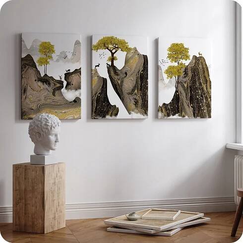 OBRAZ NA PLÁTNĚ KRAJINA HORY 150 x 70 cm OBRAZY DO LOŽNICE ZLATÝ TRIPTYCH Výška výrobku 70 cm