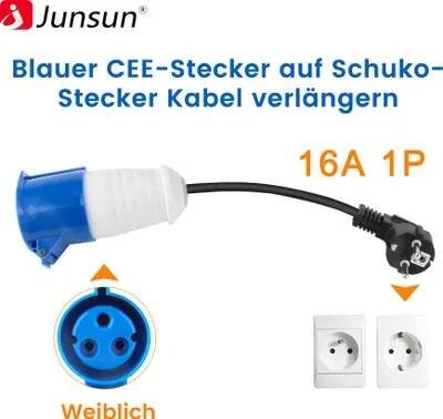 Obrázek produktu pro Zástrčka nabíječky EV do modré zásuvky cee 3 kolíky typ 2 schuko adaptér pro připojení k přenosné nabíječce 32a 1 fáze 7kw