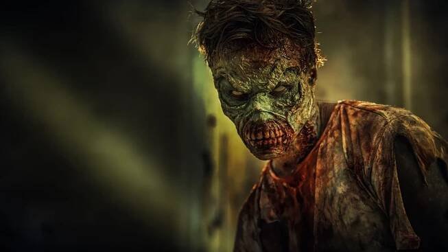 Zombie apokalypsa. Rozzlobený krvavý zombie muž proti ponuré špinavé pozadí s kopírovacím prostorem. Halloween. Horor film. — Stock obrázek