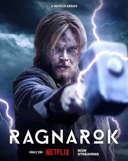 Poster displaying Ad for Ragnarok; lightning bolts, determined bearded person with a sledgehammer 