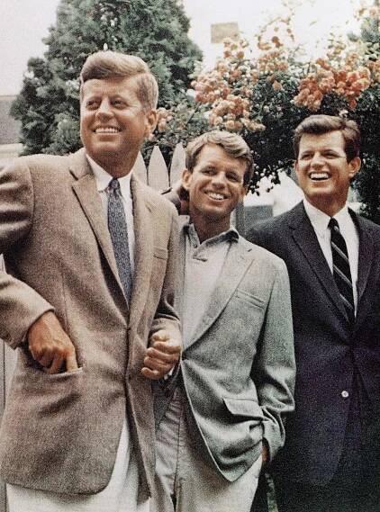 Undated photo of John F. Kennedy, Robert F. Kennedy, and Ted Kennedy in suits at Hyannis Port, Massachusetts