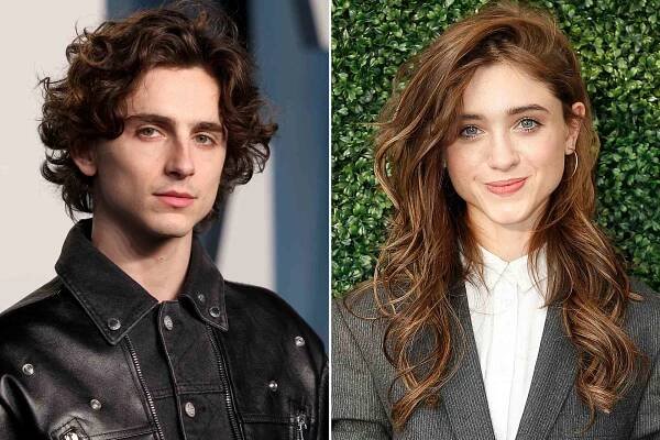 Timothee Chalamet attends the 2022 Vanity Fair Oscar Party on March 27, 2022 in Beverly Hills, California. ; Natalia Dyer attends USTA 19th Annual Opening Night Gala Blue Carpet at USTA Billie Jean King National Tennis Center on August 26, 2019 in New York City.