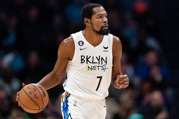 Nets star Kevin Durant dribbles the ball.