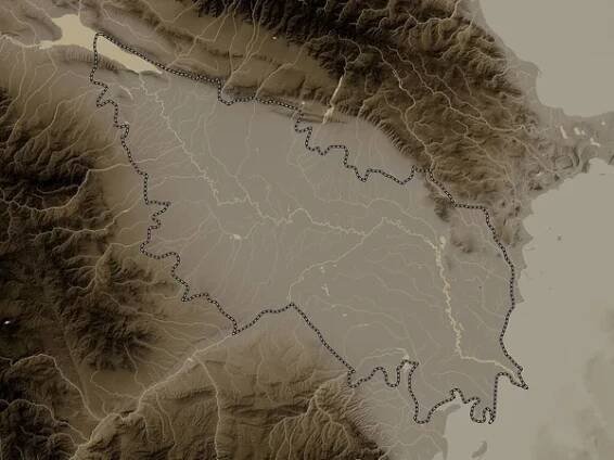 Aran, oblast Ázerbájdžánu. Nadmořská mapa zabarvená sépiovými tóny s jezery a řekami — Stock obrázek