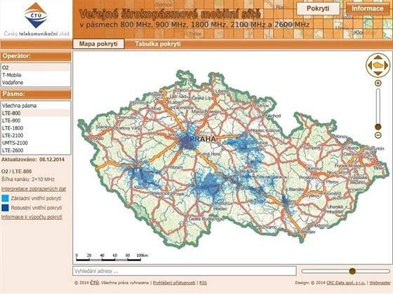 Mapa pokrytí sítěmi vysokorychlostního přístupu k internetu u O2 v pásmu 800 MHz