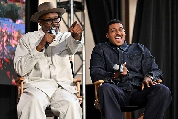 Wood Harris and Michael Cooper Jr. speak onstage during WayMaker Men's Summit Presented By BET Experience Day 1 on June 05, 2025 in Los Angeles, California.