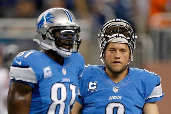 Calvin Johnson #81 and Matthew Stafford #9 of the Detroit Lions