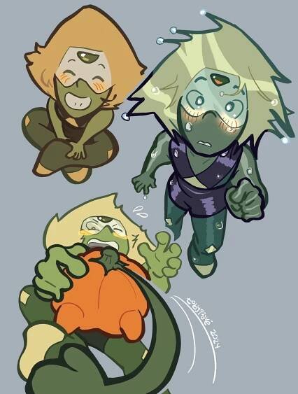 Three drawings of Peridot in the same three lightings, now from a tall POV looking down at her. In the first she is sitting with her hands on her ankles, grinning upwards with her eyes closed. In the second, where she's covered in rain, she looks surprised and is holding a hand up hesitantly. Her face is literally glowing with an orange blush. In the third, Pumpkin falls downwards from the viewer, knocking her to the ground while she cries out.