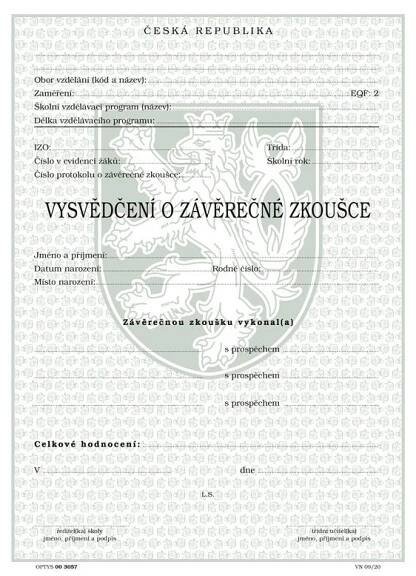 Vysvědčení o závěrečné zkoušce, střední vzdělání, dvouleté obory, pro tisk QR kódu