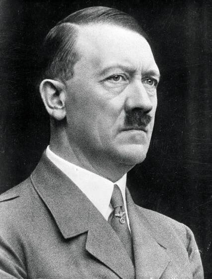 Black and white portrait photograph of Adolf Hitler.
