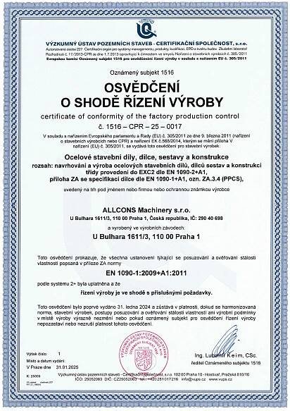 ALLCONS Machinery s.r.o.<br />
ČSN EN 1090-1:2009+A1:2011
