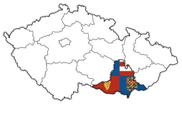 Znak Jihomoravského kraje na mapě se správními divizemi a hranicemi České republiky — Stock obrázek
