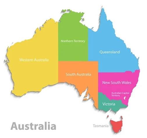 Mapa Austrálie, nové politické podrobnou mapu, samostatné jednotlivé státy, s názvy krajů, izolované na bílém pozadí 3d vektor — Ilustrace