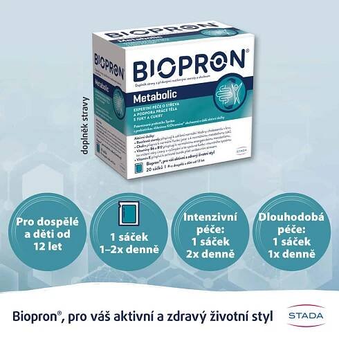 Biopron Metabolic, probiotika a prebiotika, podpora práce těla s tuky a cukry, 20 sáčků - sleva 13 % | BENU.cz 
