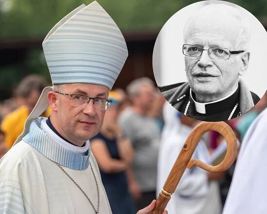 Martin David, nový biskup ostravsko-opavské diecéze, vpravo nahoře jeho nástupce František Lobkowicz