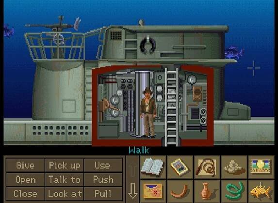 Indy is in a small submarine room in Indiana Jones and the Fate of Atlantis