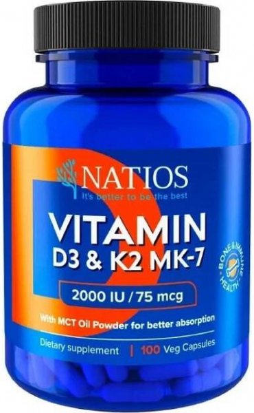 Natios Vitamin D3 + K2 MenaQ7 MK-7 2000 IU + 75 mcg 100 kapslí