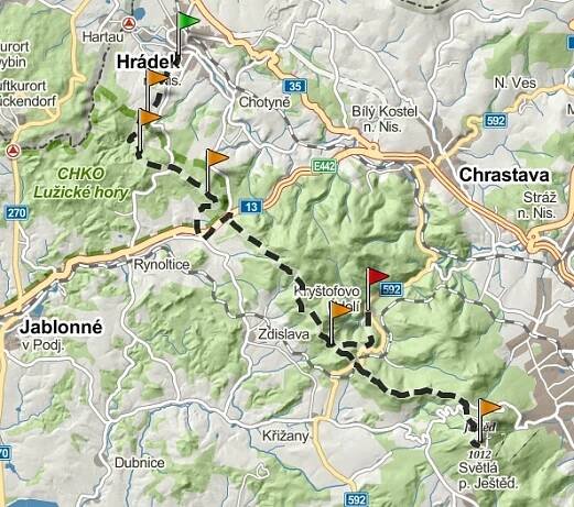 Mapa z Hrádku nad Nisou na Ještěd