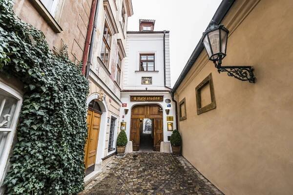 The entrance to the Golden Well Hotel in Prague, Czech Republic