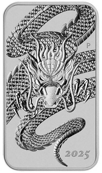 Přední strana Stříbrná investiční mince Rectangular Dragon 1 Oz 2025