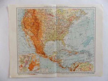 STARÁ MAPA 257 - USA A STŘEDNÍ AMERIKA ,ASI 30. LÉTA, 31 X 41 CM, - Staré mapy a veduty