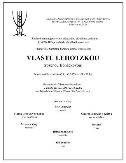 Oznámení: Vlasta Lehotzká (roz. Boháčková) 1964 – 2023 - Baptisté - Síť víry