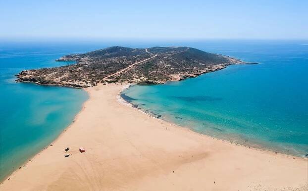 Aerial view of Prasonisi beach in Rhodes, Greece.