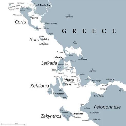 Region řeckých Jónských ostrovů, šedá politická mapa. Skupina řeckých ostrovů v Jónském moři. Korfu (Kerkyra), Paxos a Antipaxos, Lefkada, Kefalonia (Kefalonia), Ithaca (Ithaki) a Zakynthos (Zante). — Ilustrace