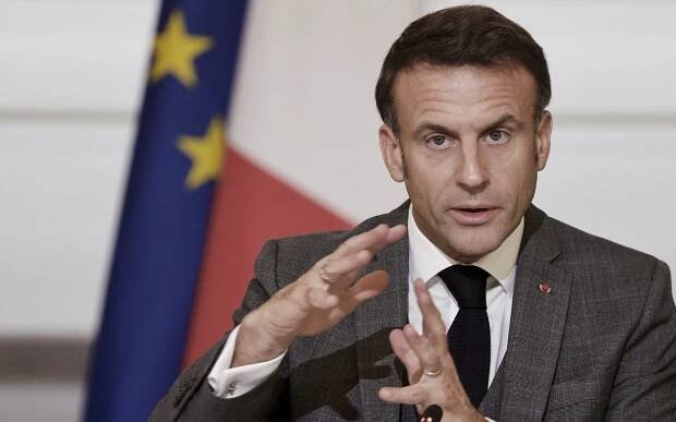 French President Emmanuel Macron speaks during a meeting with officials from Western and Arab nations, the United Nations and nongovernmental organizations at the Elysee Palace, in Paris, November 9, 2023. (Ludovic Marin, Pool via AP)