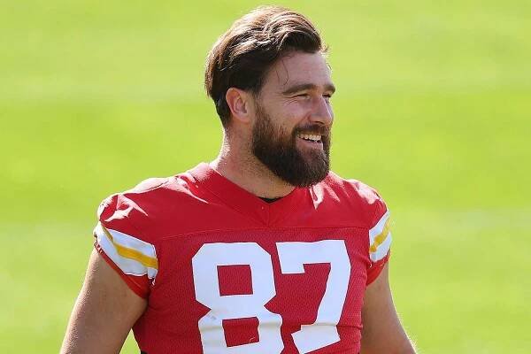 Travis Kelce #87 of the Kansas City Chiefs looks on during a practice ahead of Super Bowl LIX at Tulane University's Yulman Stadium on February 05, 2025