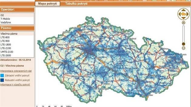 Mapa celkového pokrytí sítěmi vysokorychlostního přístupu k internetu u O2