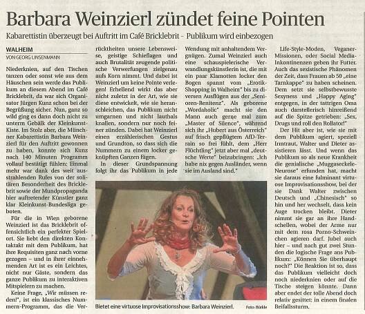Barbara Weinzierls Kabarett "Wir müssen reden! Sex, Geld und Erleuchtung" - Kritik in der Ludwigsburger Kreiszeitung vom 5. Juni 2018