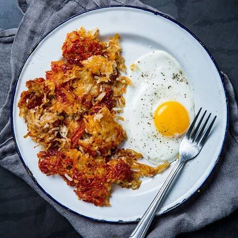 Image may contain Food Egg Dish Meal Plant Cutlery and Fork