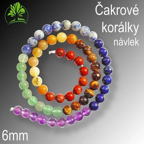 Návlek ČAKROVÉ korálky z minerálů polodrahokamů. Velikost pr.6mm. Balení 62Ks.