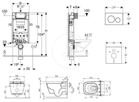 GEBERIT - Kombifix Modul pro závěsné WC s tlačítkem Sigma20, bílá/lesklý chrom + Tece One - sprchovací toaleta a sedátko, Rimless, SoftClose (110.302.00.5 NT4)