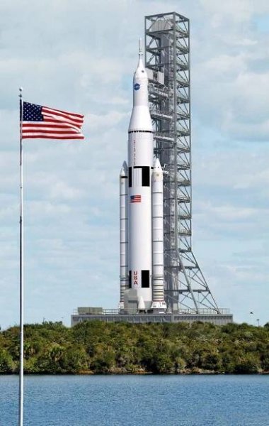 This artist's concept shows a vertical view of NASA's Space Launch System on the launch pad.