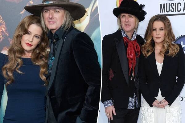 Lisa Marie Presley rests her head against Michael Lockwood on red carpet, split with the couple posing together at the Billboard Music Awards