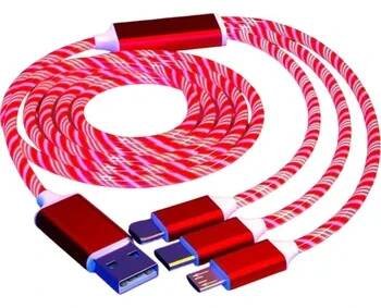 3v1 svítící rychlonabíjecí kabel USB C + Micro USB + Lightning iPhone + USB A 1,2 m LED kabel 3A datový kabel červená