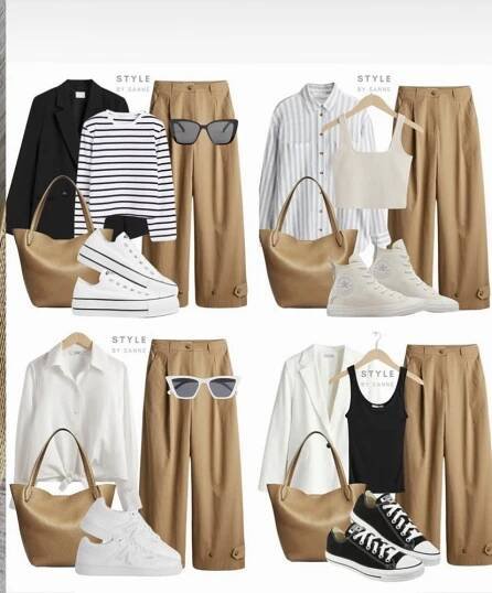 Spring 2025 Outfits Work, Beige Classic Pants Outfit, Tenue Printemps Femme Tendance, Trendy Beige Spring Cardigan, Old Money Outfits Spring 2025, Capsule Wardrobe 2025 Spring/summer, Old Money Outfits Summer 2025, Spring Cardigan Outfit 2024, Casual Sporty Outfits
