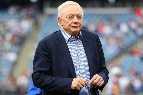 Dallas Cowboys owner Jerry Jones prior to the National Football League game between the New England Patriots and the Dallas Cowboys on October 17, 2021 at Gillette Stadium in Foxborough, MA