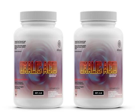 2-lb bottles of Oxalic Acid dihydrate, industrial rust and stain remover in white HDPE containers with GHS hazard symbol, Alliance Chemical brand.