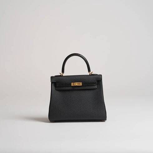 Hermès 25cm Kelly Retourne touch black togo & lizard gold hardware