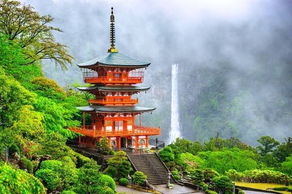 The shrine pavillion and waterfall at Nachi-taisha, Kumano Kodo, which is one of the best places to visit in Japan